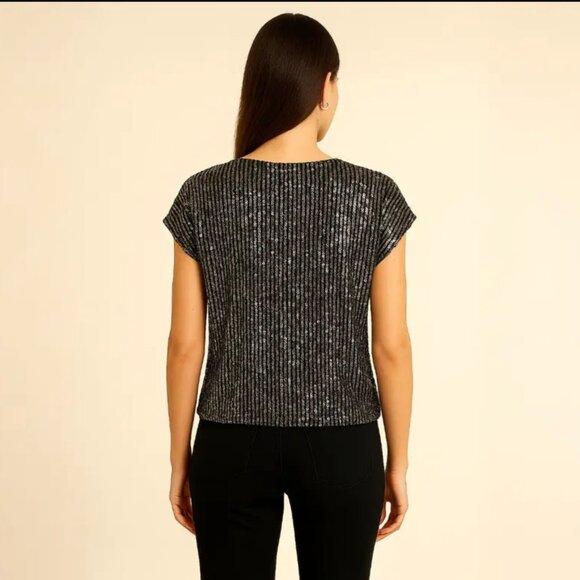 CeCe Sequin Short Sleeve Top in Sheer Black and Silver - Picture 2 of 6